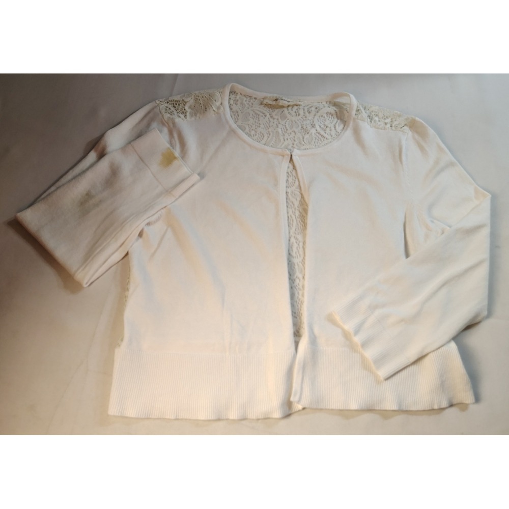 White Pointelle Knit Cardigan Open Front Cottagecore Lace Back Layering Top Sz S